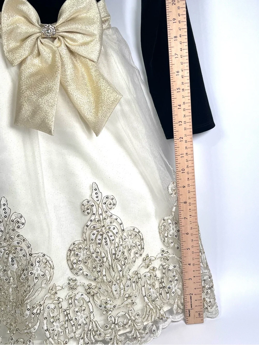 Rare Editions Black Velvet and Cream Tulle Dress Gold Bow and Embroidered Skirt
